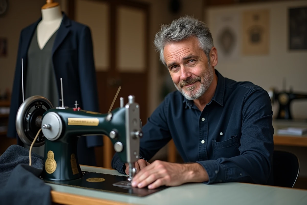 Tailleur professionnel utilisant une machine à coudre industrielle dans son atelier de couture