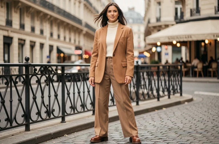 Femme élégante portant un blazer camel oversize et un pantalon large beige dans une rue pavée parisienne, tendances mode automne