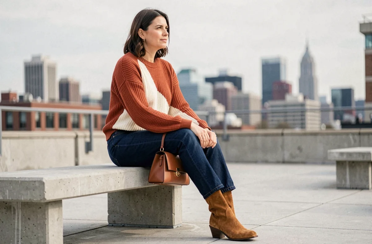 Femme assise sur un toit urbain portant un pull color block terracotta et un jean indigo, accessoires en cuir cognac, tendances mode actuelle