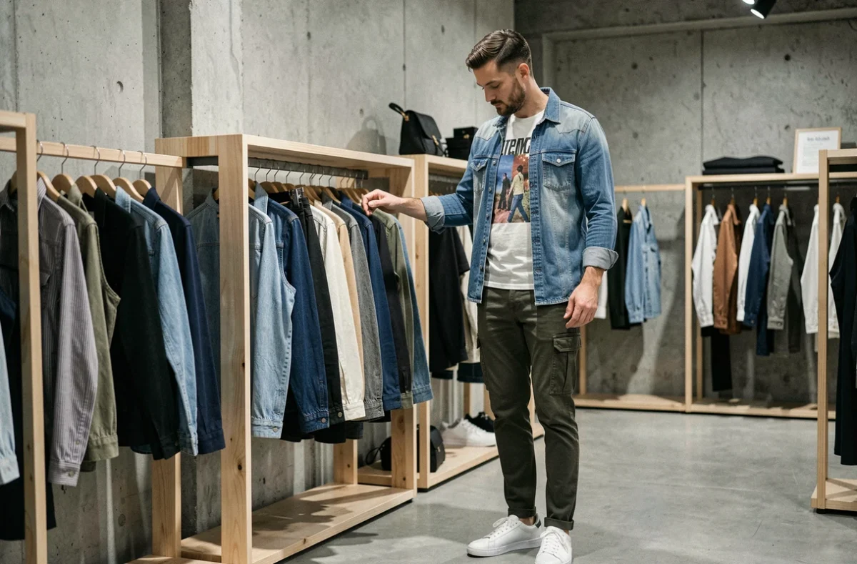 Homme tendance en chemise en jean et cargo kaki dans un concept store minimaliste, mode masculine contemporaine