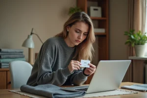 Jeune femme inspectant attentivement l'étiquette d'une veste Asos pour détecter une contrefaçon