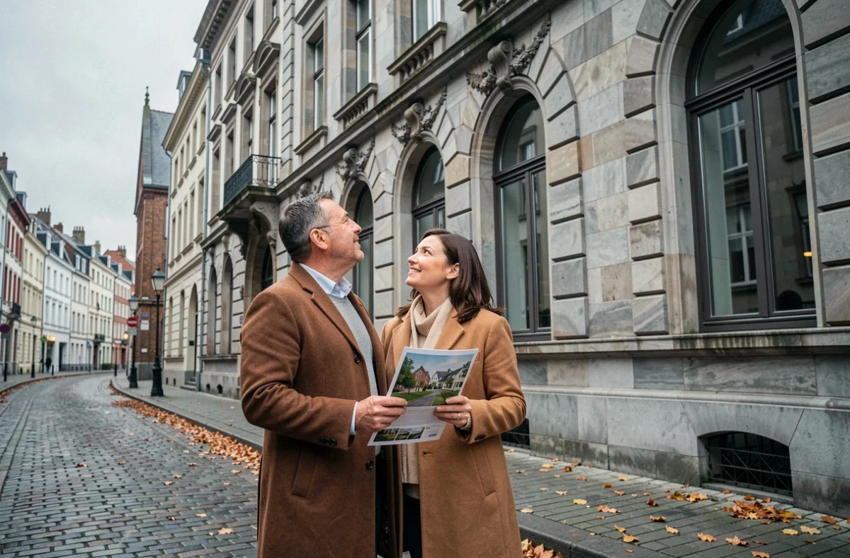 Couple visitant une maison de maître belge lors d'une recherche immobilière