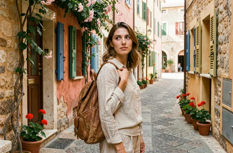 Voyageuse explorant une ruelle pavée d'une vieille ville méditerranéenne avec façades colorées et végétation fleurie